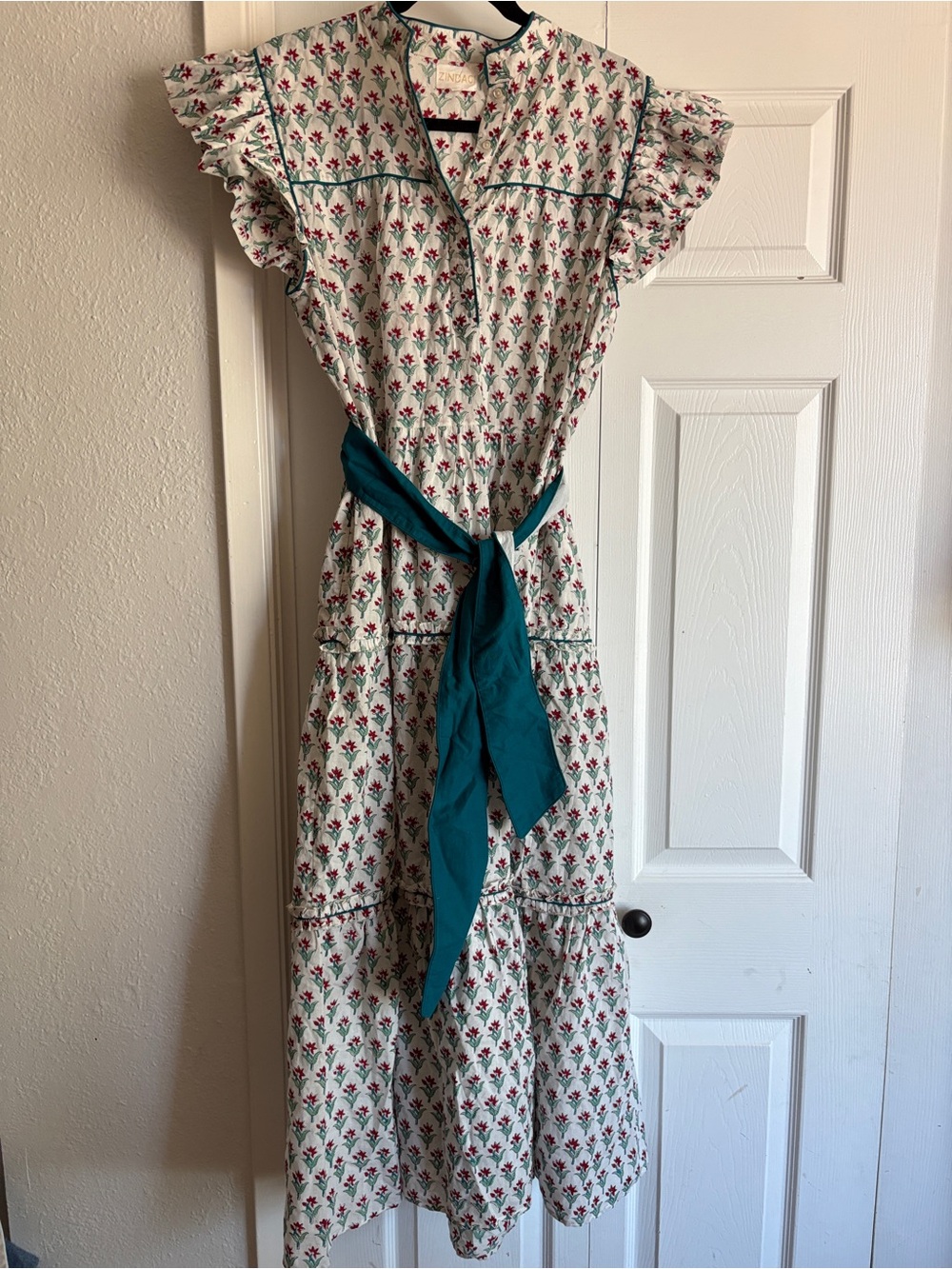 Zindagi floral blockprint cotton maxi dress with waist tie L/XL